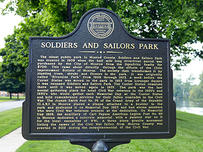 Monroe Soldiers and Sailor Park historic marker. Image ©2015 Look Around You Ventures, LLC.